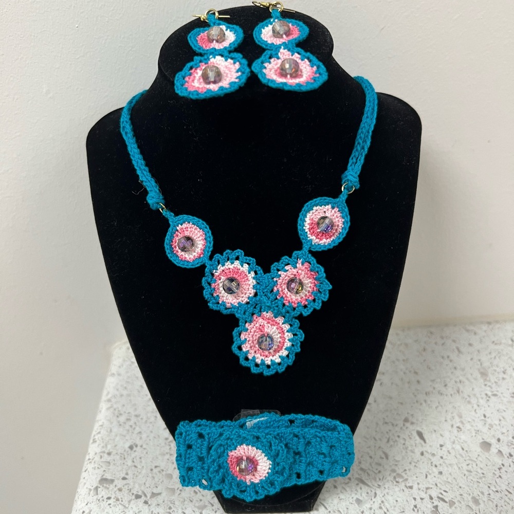 Crochet Hand Made Set , Necklace, Bracelet, Earrings